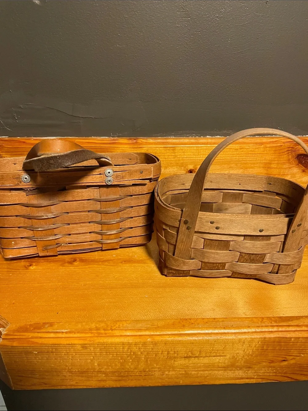 Handwoven Vintage Cottagecore Brown Wooden Storage Baskets with Handles